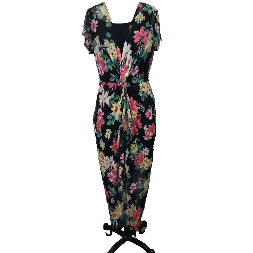 Connected Apparel Mesh Overlay Dress Womens Size 12 Black Floral Stretch Scoop